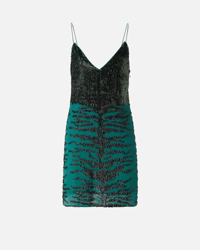 Women Short Dresses Pinko Mini Dress With Zebra Sequin Embroidery Greenblack Women Short Dresses Pinko Mini Dress With Zebra Sequin Embroidery Greenblack