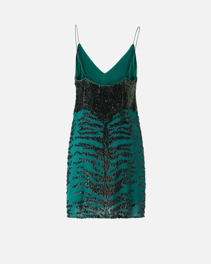 Women Short Dresses Pinko Mini Dress With Zebra Sequin Embroidery Greenblack Women Short Dresses Pinko Mini Dress With Zebra Sequin Embroidery Greenblack