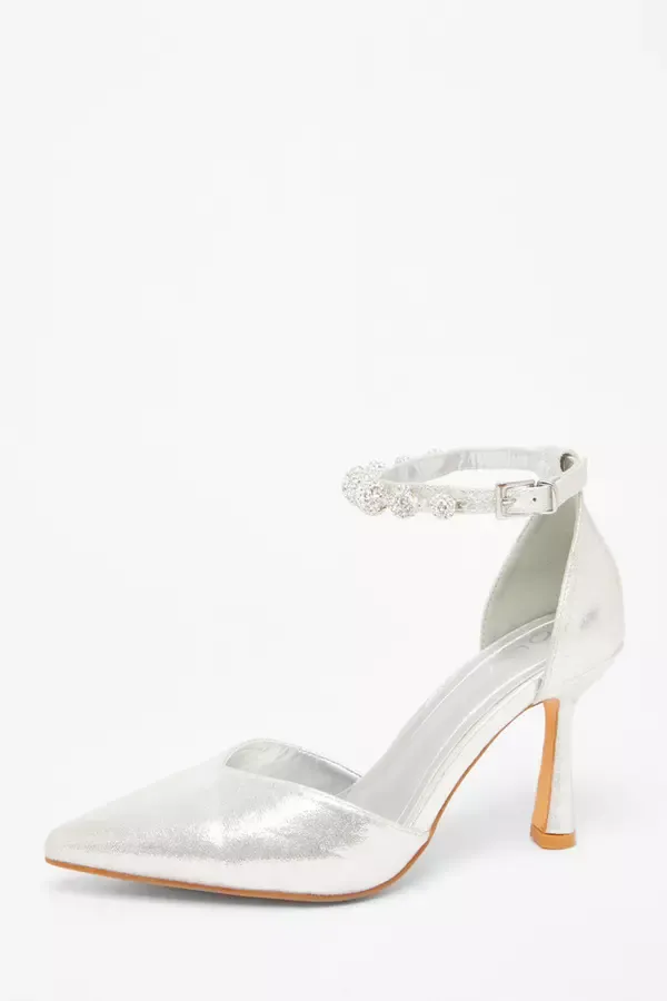 Women Silver Diamante Ball Court Heels Quiz Clothing Bridal Shoes