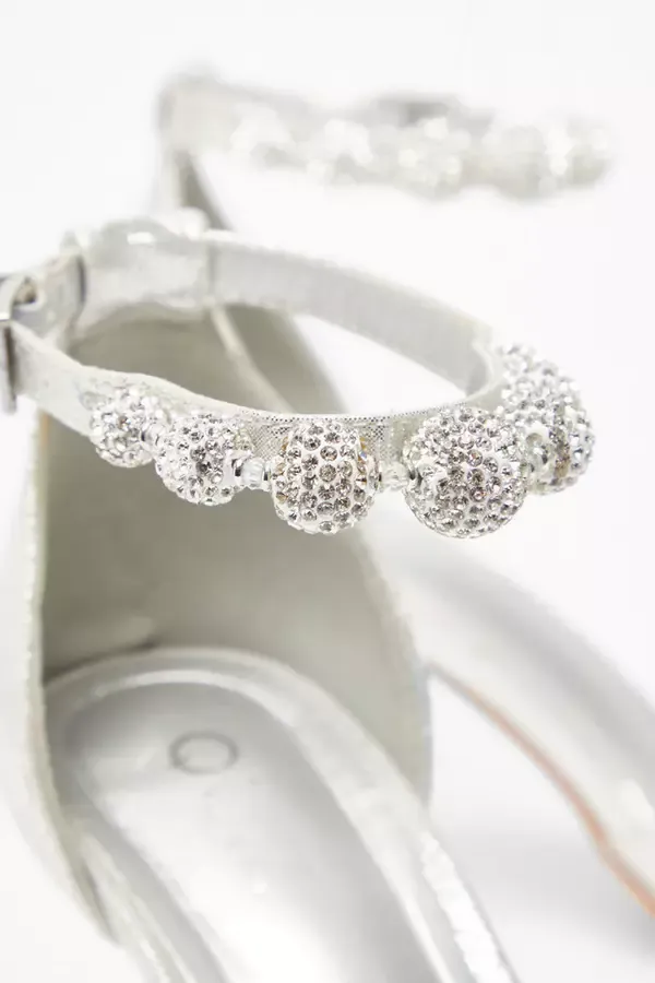 Women Silver Diamante Ball Court Heels Quiz Clothing Bridal Shoes