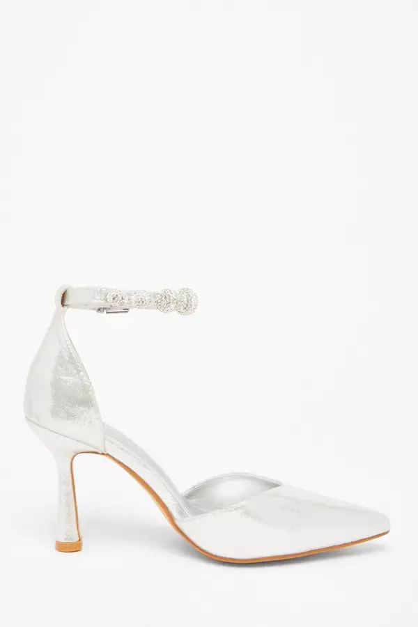Women Silver Diamante Ball Court Heels Quiz Clothing Bridal Shoes