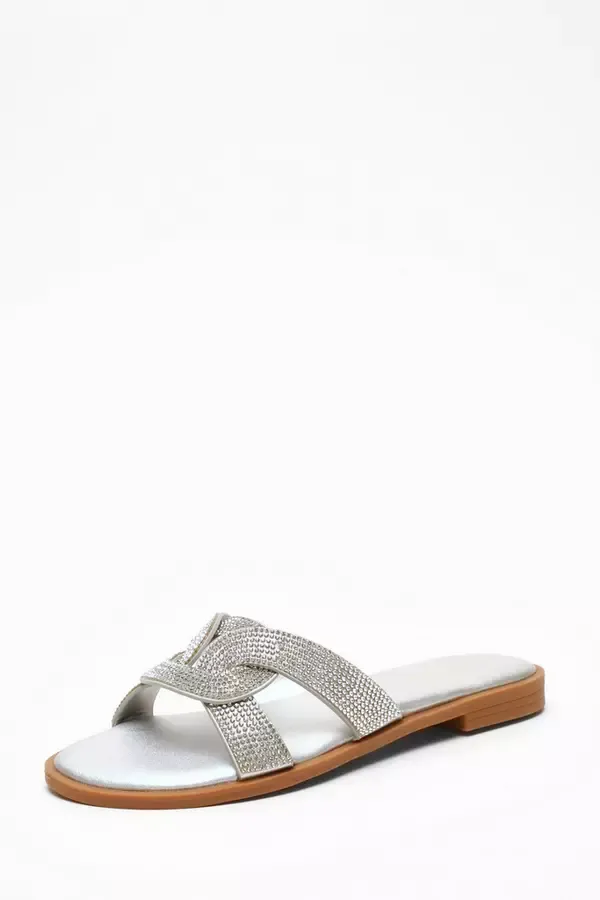 Women Silver Diamante Knot Front Flat Sandals Quiz Clothing Flats