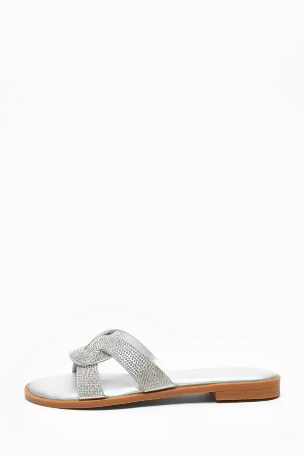 Women Silver Diamante Knot Front Flat Sandals Quiz Clothing Flats