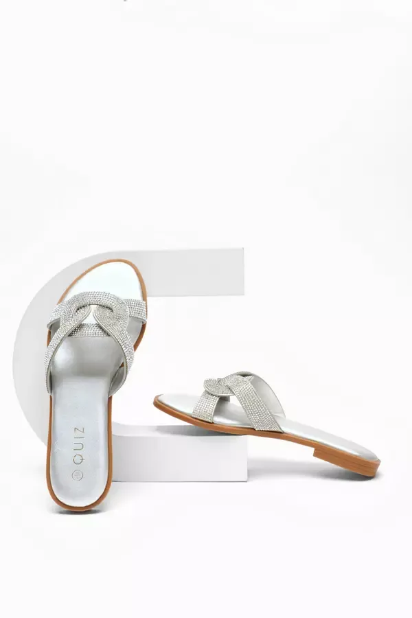 Women Silver Diamante Knot Front Flat Sandals Quiz Clothing Flats