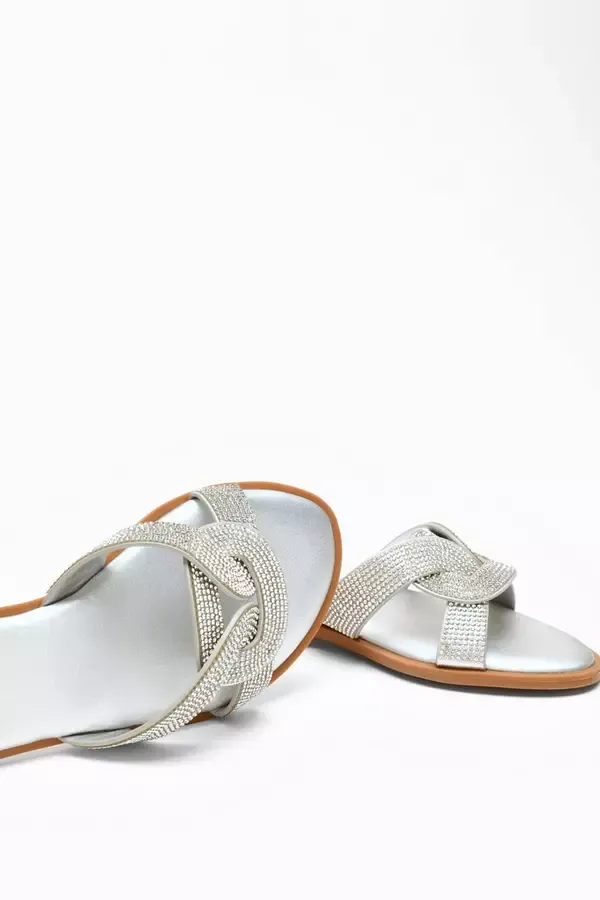 Women Silver Diamante Knot Front Flat Sandals Quiz Clothing Flats