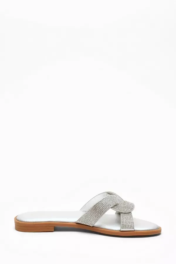 Women Silver Diamante Knot Front Flat Sandals Quiz Clothing Flats
