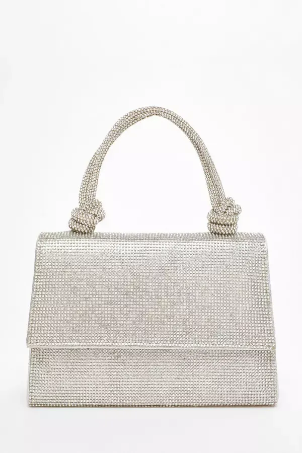 Women Silver Diamante Top Handle Bag Quiz Clothing Shoe and Bag Sets