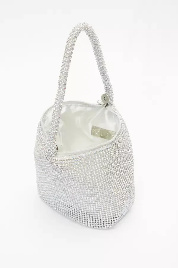 Women Silver Iridescent Diamante Pouch Bag Quiz Clothing Bride To Be