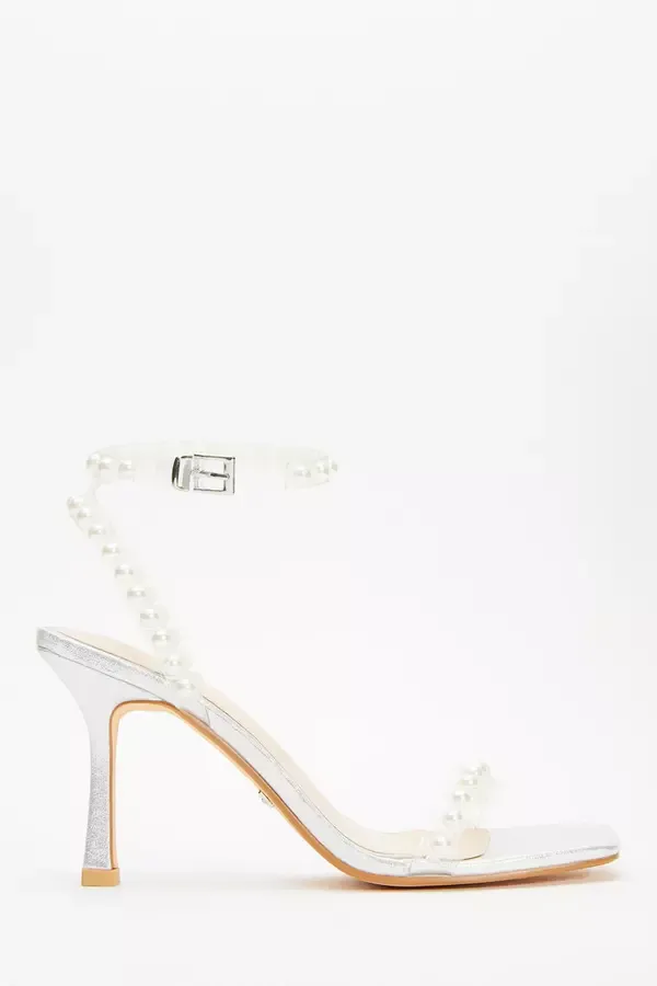 Women Silver Shimmer Pearl Heeled Sandals Quiz Clothing Heels