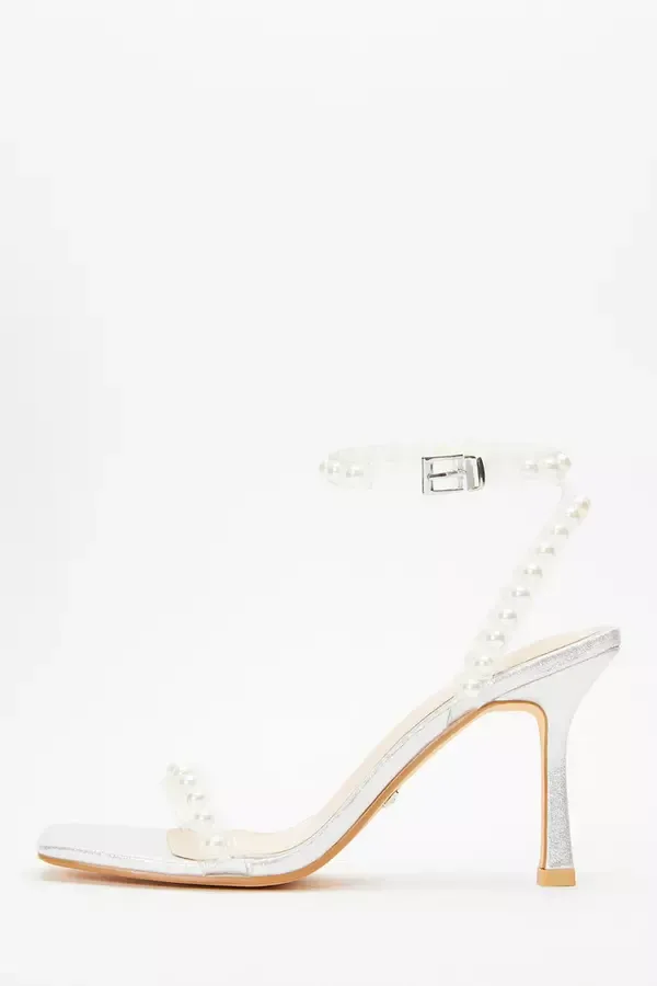 Women Silver Shimmer Pearl Heeled Sandals Quiz Clothing Heels