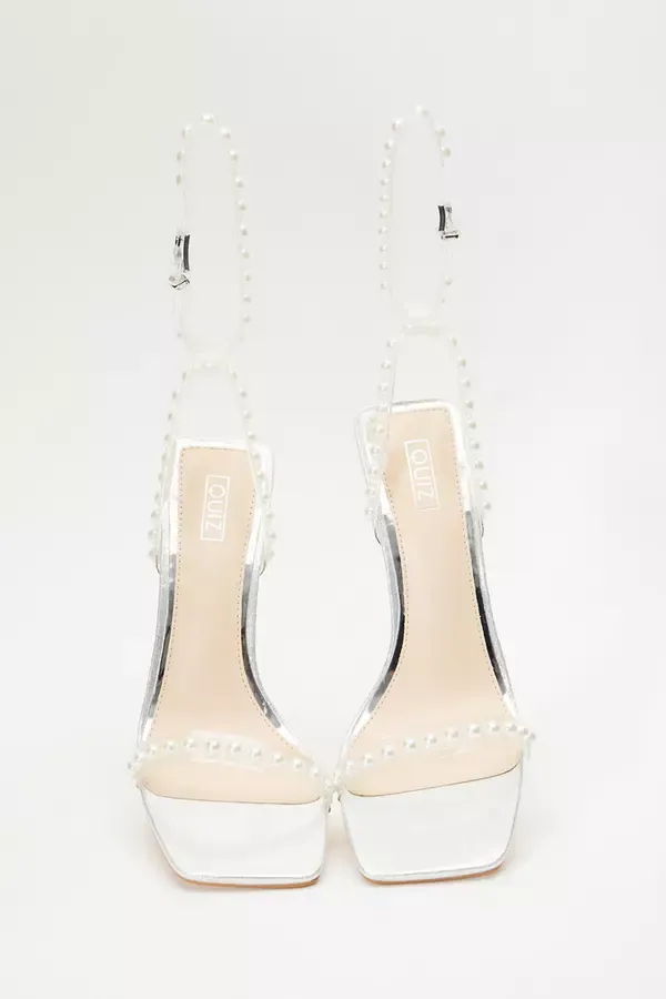 Women Silver Shimmer Pearl Heeled Sandals Quiz Clothing Heels
