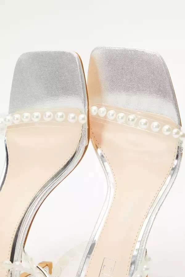 Women Silver Shimmer Pearl Heeled Sandals Quiz Clothing Heels