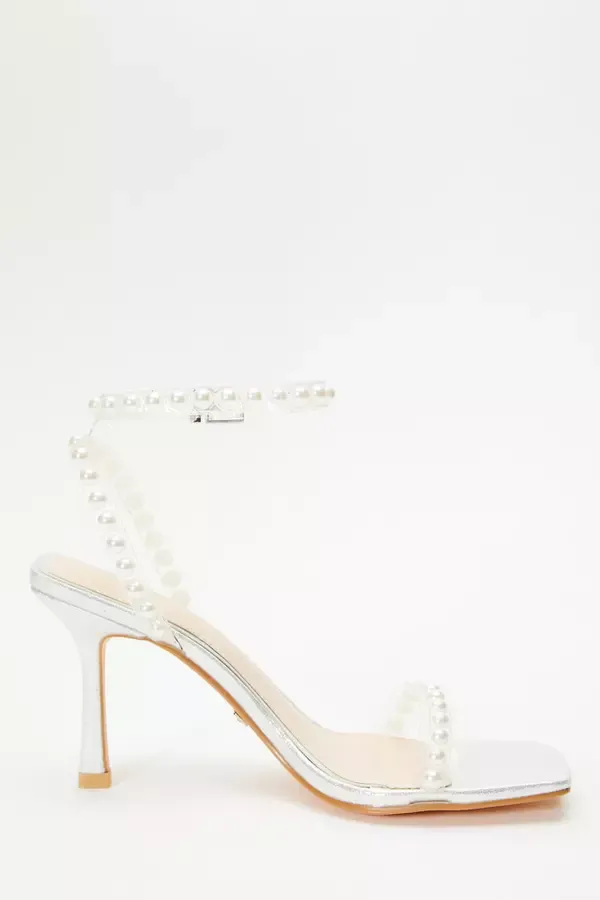 Women Silver Shimmer Pearl Heeled Sandals Quiz Clothing Heels