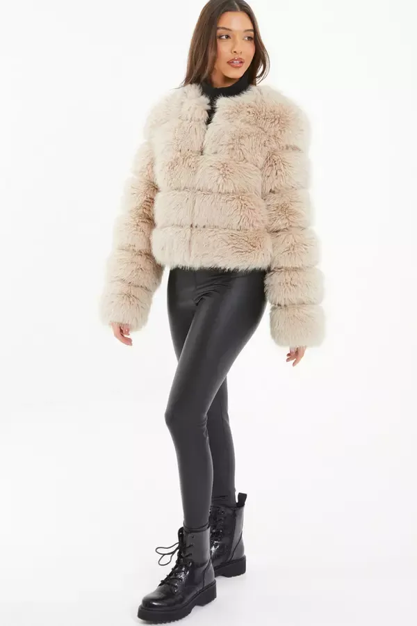 Women Stone Faux Fur Jacket Quiz Clothing Jackets and Coats