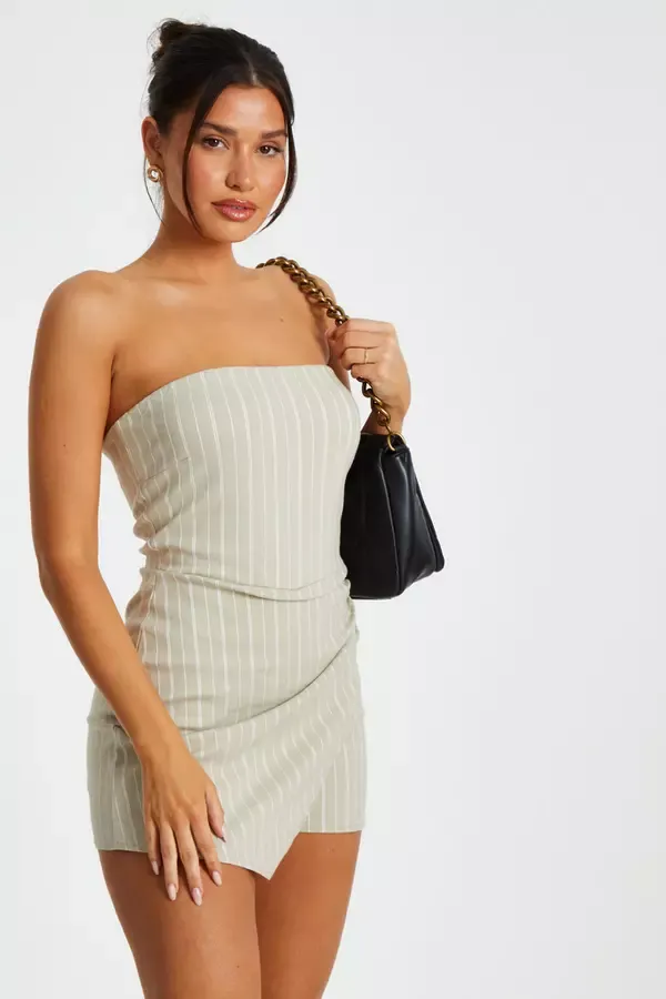 Women Stone Pinstripe Bandeau Skort Playsuit Quiz Clothing Jumpsuits