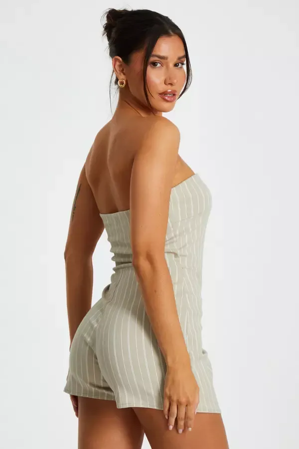 Women Stone Pinstripe Bandeau Skort Playsuit Quiz Clothing Jumpsuits