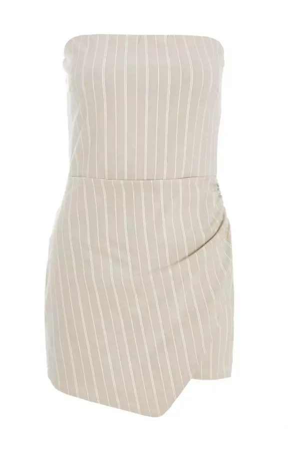 Women Stone Pinstripe Bandeau Skort Playsuit Quiz Clothing Jumpsuits