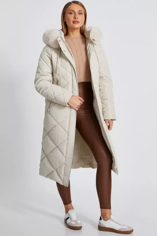 Women Stone Quilted Long Parka Quiz Clothing Jackets and Coats