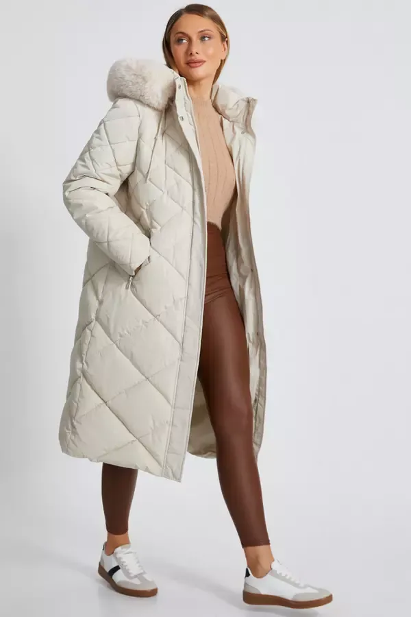 Women Stone Quilted Long Parka Quiz Clothing Jackets and Coats