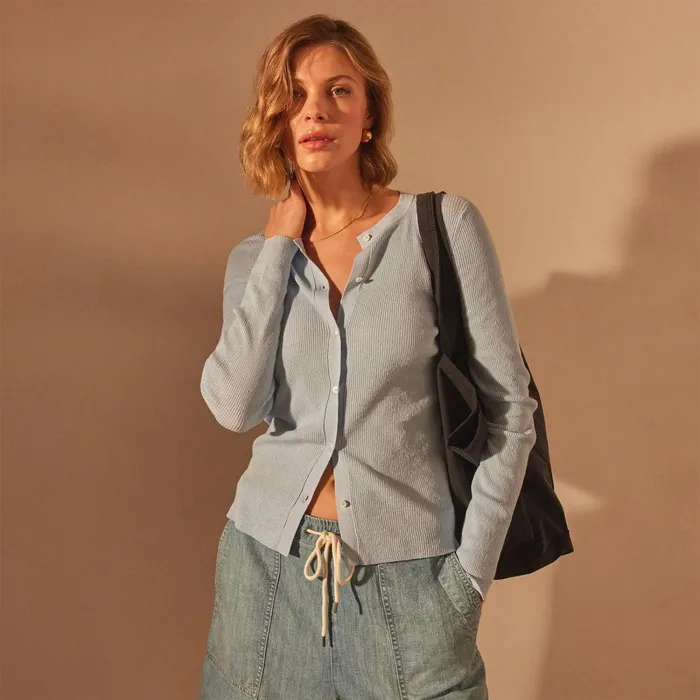Women Sweaters James Perse Stretch Linen Ribbed Cardigan Bleached Blue