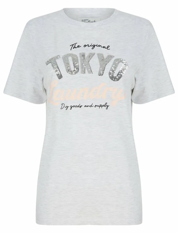 Women TShirts Tokyo Laundry Valentina Sequin Motif Cotton Jersey TShirt In Ice Grey Marl 8211 Tokyo Laundry Grey Women TShirts Tokyo Laundry Valentina Sequin Motif Cotton Jersey TShirt In Ice Grey Marl 8211 Tokyo Laundry Grey