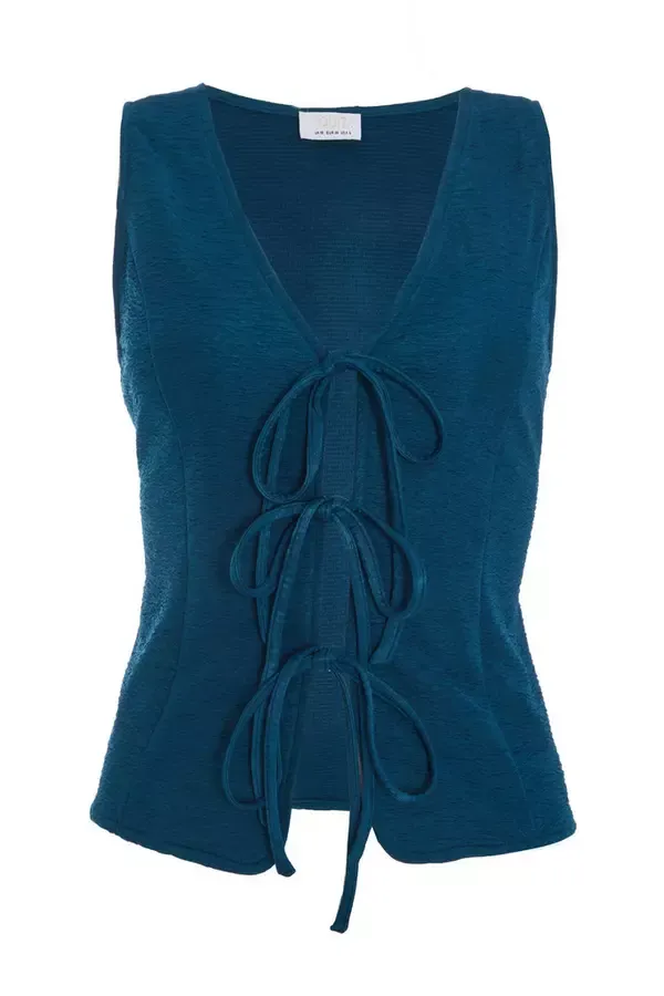 Women Teal Tie Up Sleeveless Top Quiz Clothing Casual Clothing