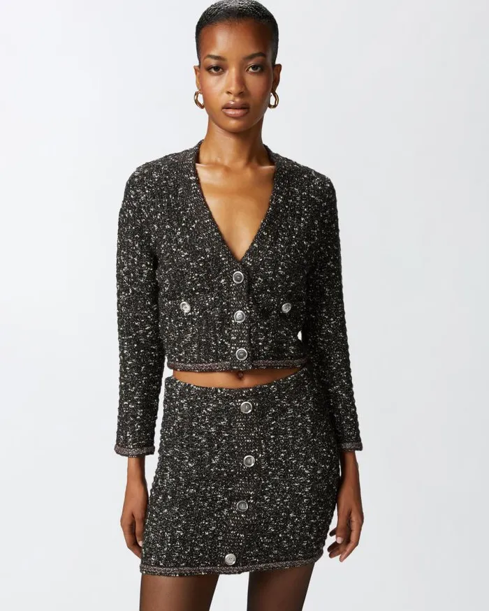Women TOPWEAR Pinko Cropped Cardigan With Sequins And Vneck Blackbrownwhite