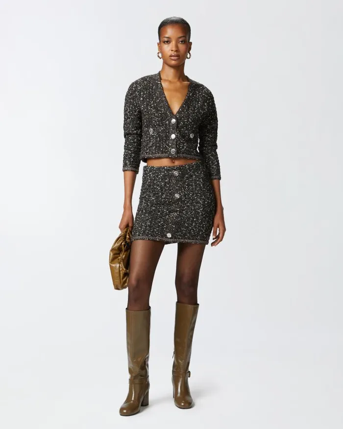 Women TOPWEAR Pinko Cropped Cardigan With Sequins And Vneck Blackbrownwhite Women TOPWEAR Pinko Cropped Cardigan With Sequins And Vneck Blackbrownwhite