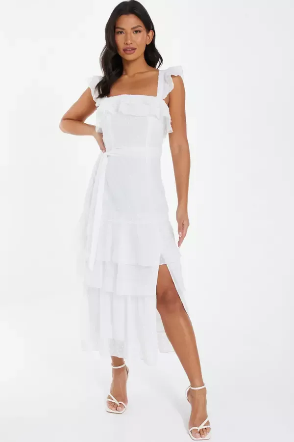 Women White Chiffon Dobby Tiered Maxi Dress Quiz Clothing Dresses