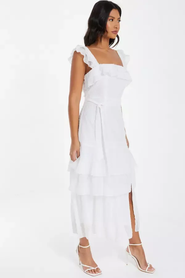 Women White Chiffon Dobby Tiered Maxi Dress Quiz Clothing Dresses
