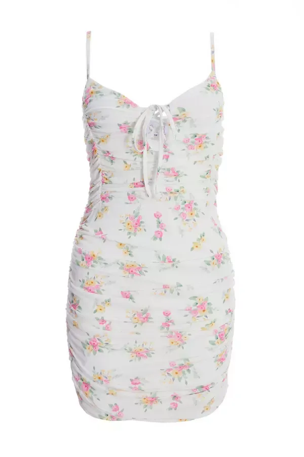 Women White Ditsy Floral Ruched Mini Dress Quiz Clothing Casual Clothing