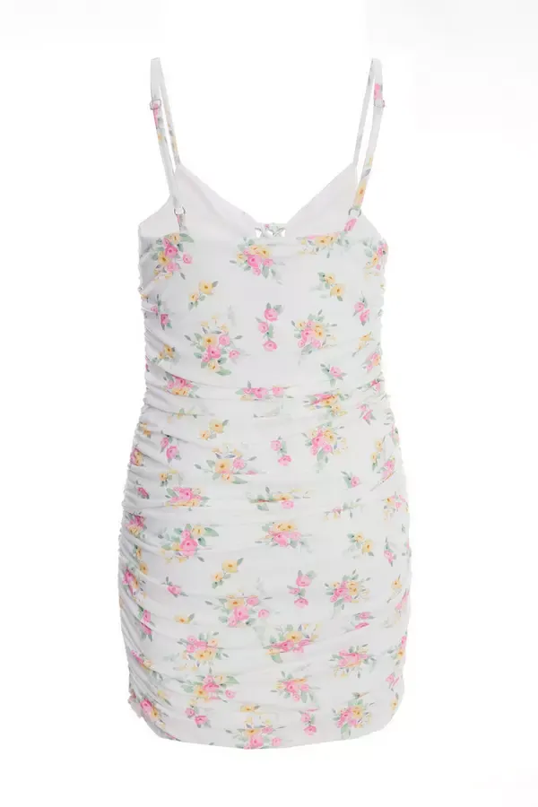 Women White Ditsy Floral Ruched Mini Dress Quiz Clothing Casual Clothing