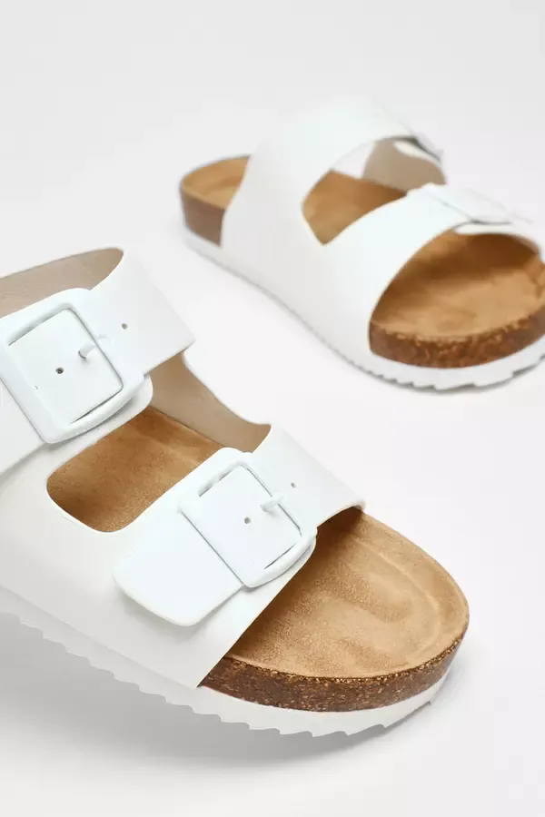 Women White Faux Leather Double Strap Flat Sandals Quiz Clothing Sandals