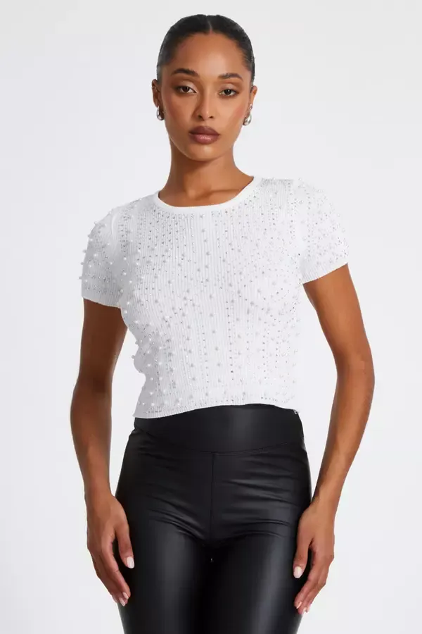 Women White Knit Embellished Crop Top Quiz Clothing Going Out