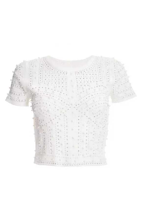 Women White Knit Embellished Crop Top Quiz Clothing Going Out