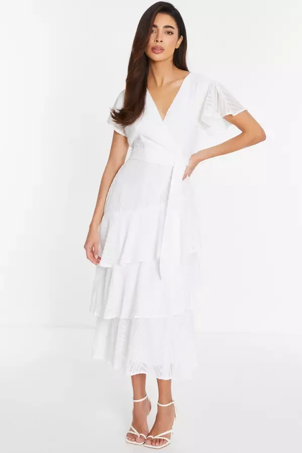 Women White Textured Wrap Midi Dress Quiz Clothing Dresses