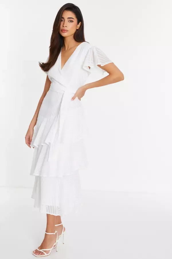 Women White Textured Wrap Midi Dress Quiz Clothing Dresses