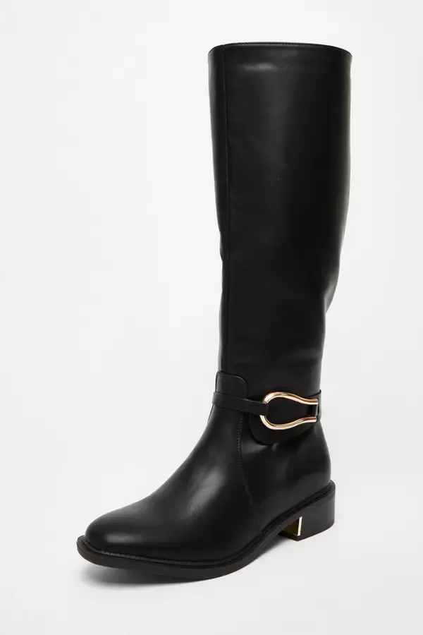 Women Wide Fit Black Faux Leather Knee High Flat Boots Quiz Clothing Boots