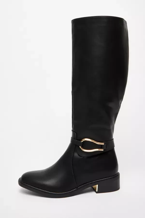 Women Wide Fit Black Faux Leather Knee High Flat Boots Quiz Clothing Boots