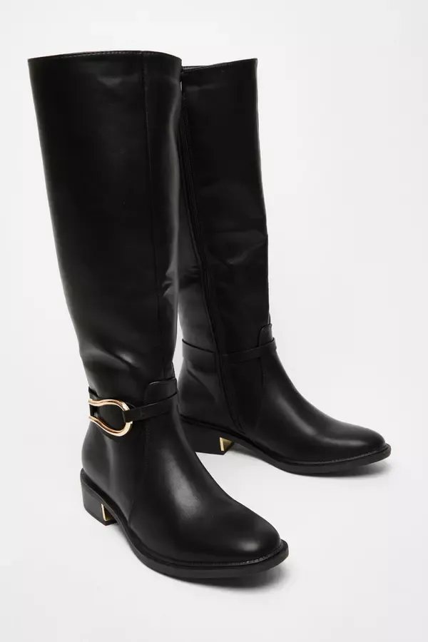 Women Wide Fit Black Faux Leather Knee High Flat Boots Quiz Clothing Boots