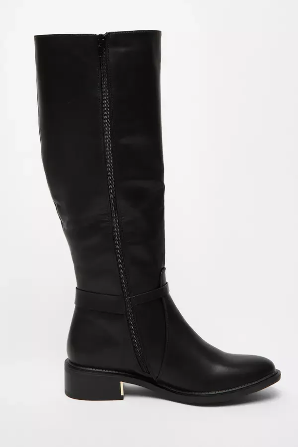 Women Wide Fit Black Faux Leather Knee High Flat Boots Quiz Clothing Boots