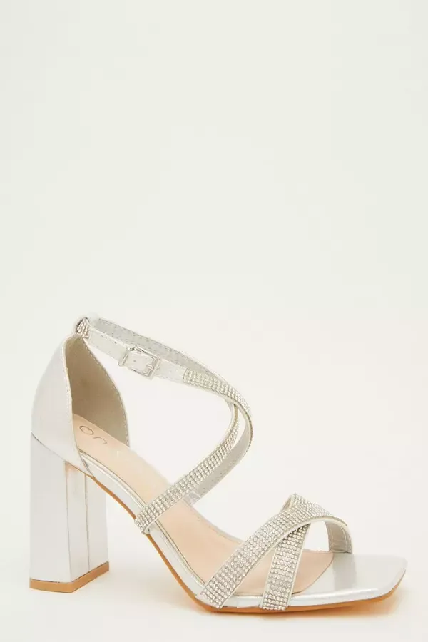 Women Wide Fit Silver Diamante Heeled Sandals Quiz Clothing Occasion Shoes
