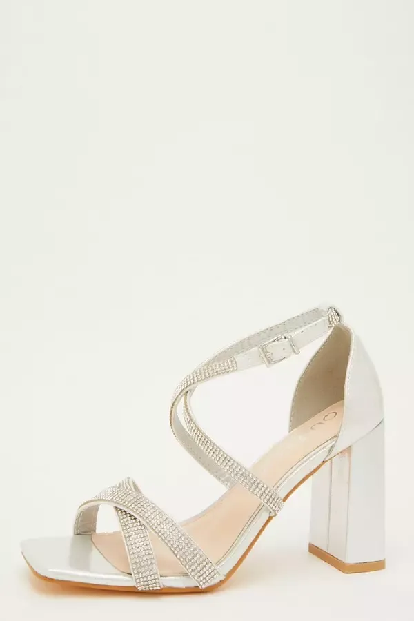 Women Wide Fit Silver Diamante Heeled Sandals Quiz Clothing Occasion Shoes
