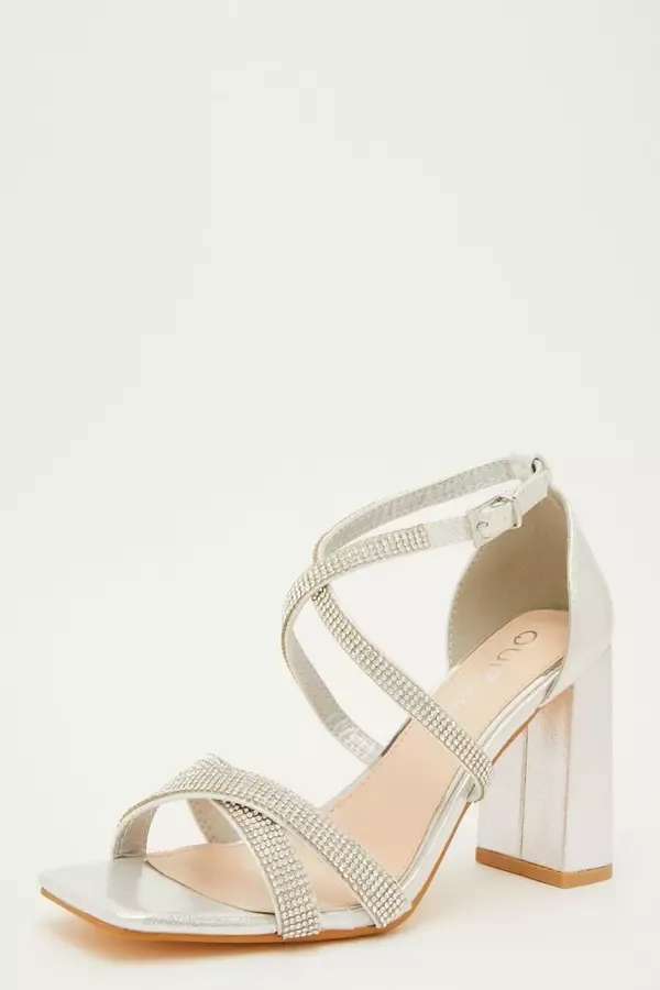 Women Wide Fit Silver Diamante Heeled Sandals Quiz Clothing Occasion Shoes