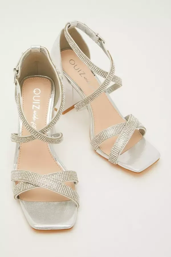 Women Wide Fit Silver Diamante Heeled Sandals Quiz Clothing Occasion Shoes