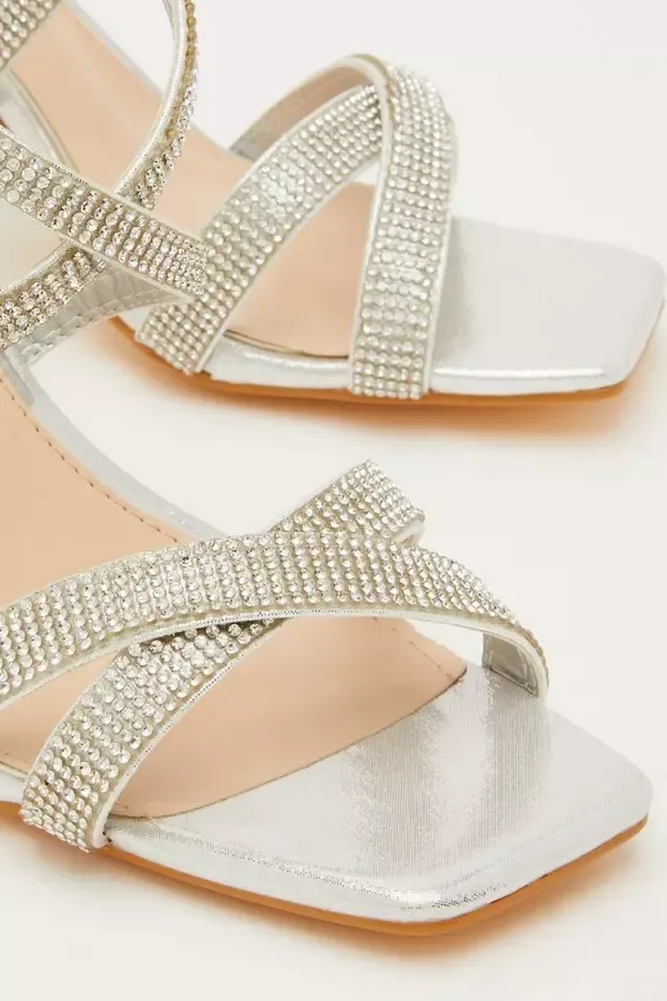 Women Wide Fit Silver Diamante Heeled Sandals Quiz Clothing Occasion Shoes