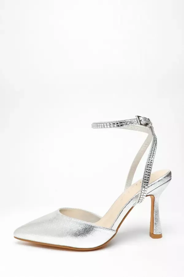 Women Wide Fit Silver Foil Court Heels Quiz Clothing Occasion Shoes
