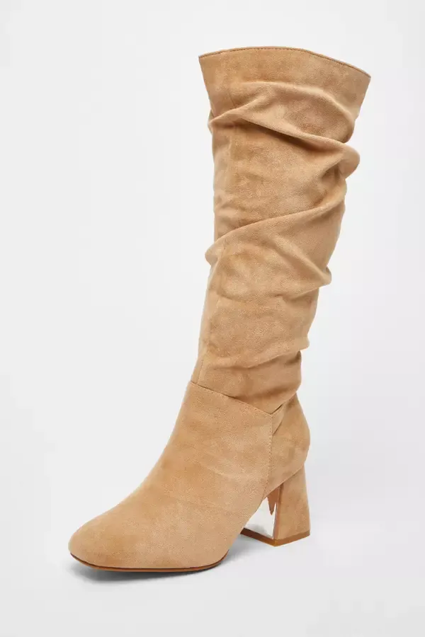 Women Wide Fit Taupe Knee High Faux Suede Block Heel Boots Quiz Clothing Boots